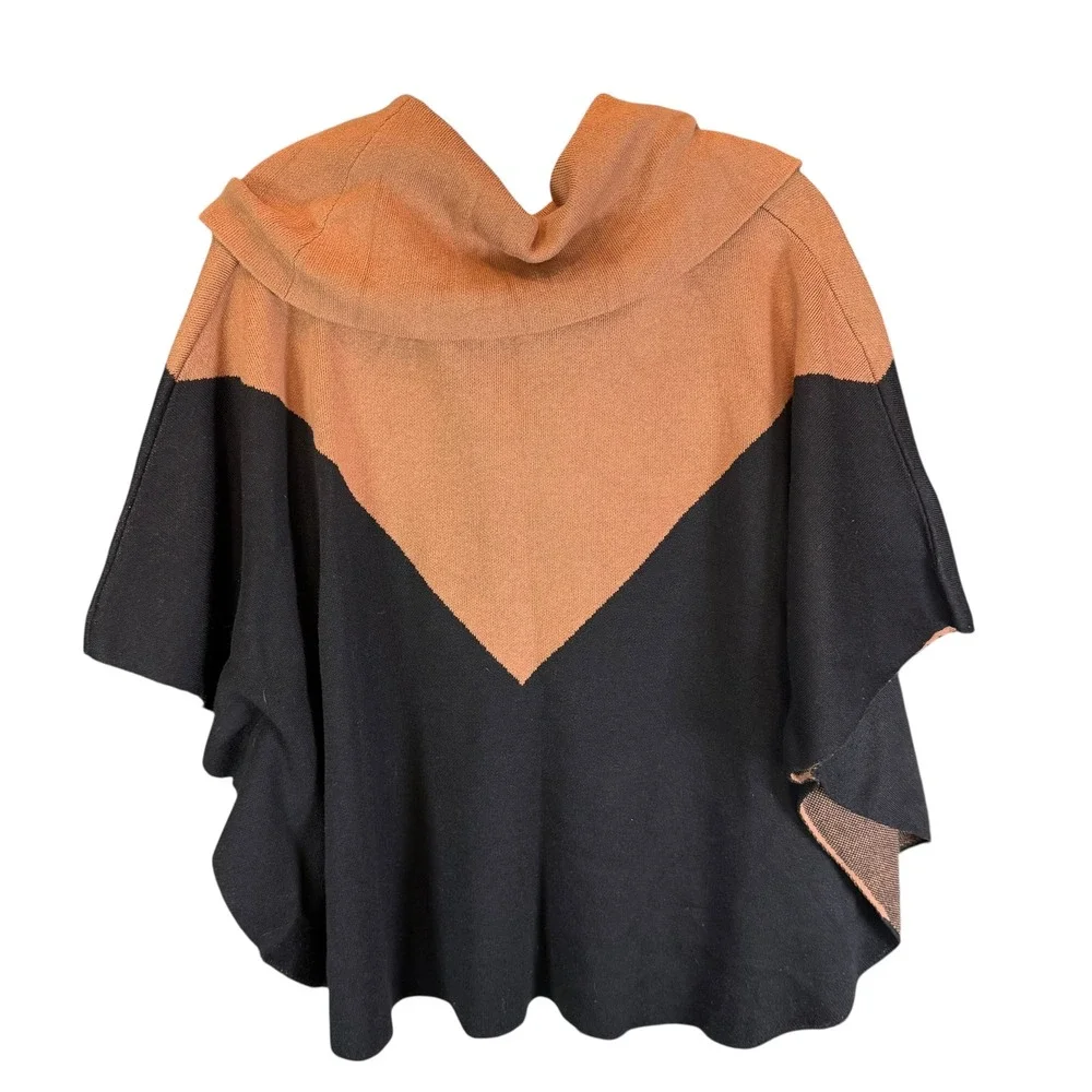 Fever Women's Size Small Medium S/M Sweater Poncho Cowl Neck Tan Black Oversized - Picture 7 of 8